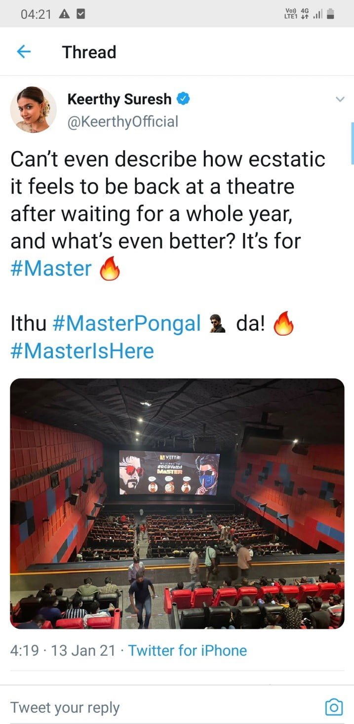 ரசிகர்களோடு ரசிகராக மாஸ்டர் பார்த்த கீர்த்தி சுரேஷ், எந்த தியேட்டர் தெரியுமா? இதோ 2 keerthysuresh-tweet-thinatamil